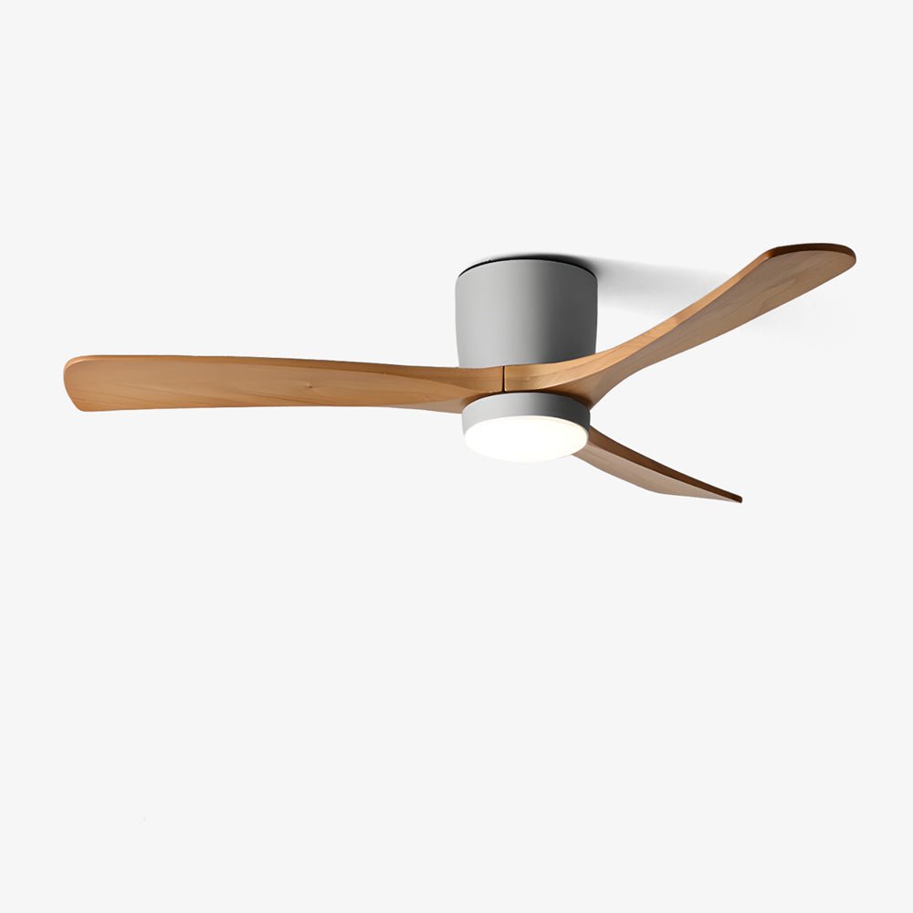 Minimalist Nordic ceiling fan. Wooden blades, LED lamp, quiet operation, and full remote control.