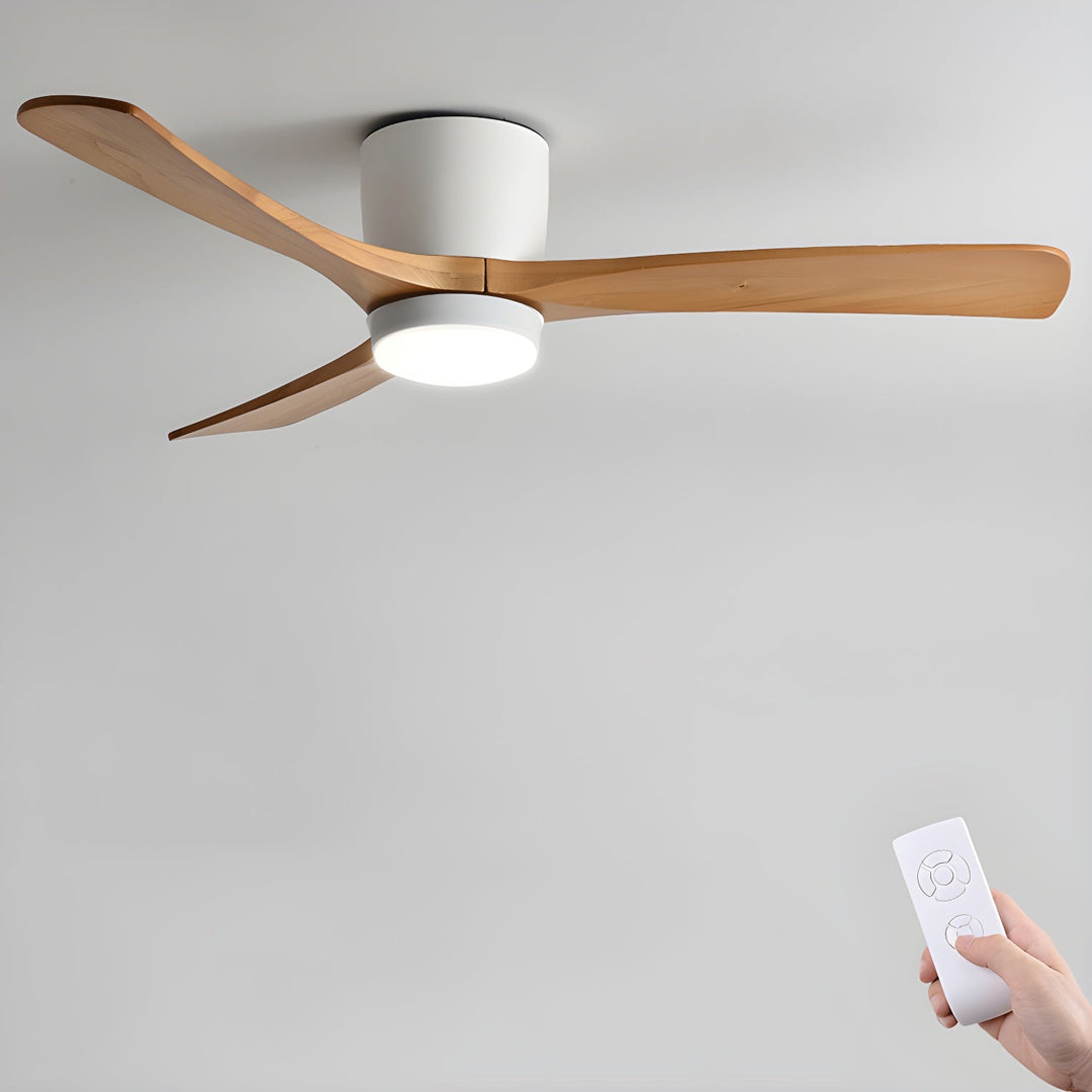 Modern ceiling fan with wood-look blades & LED light. Remote-controlled for a quiet home.