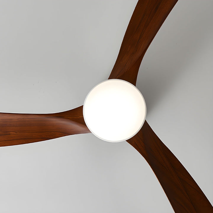 Scandinavian style ceiling fan. Wooden construction, LED light, & remote operation for comfort.