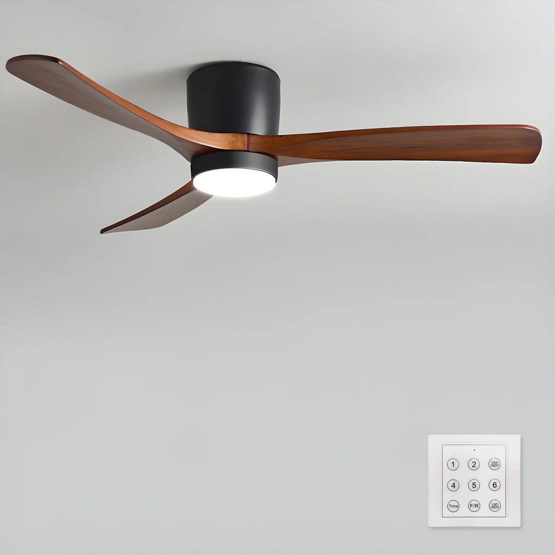 Quiet ceiling fan with LED light. Wooden design, remote control, & a touch of Nordic elegance.