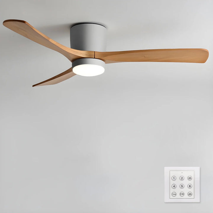 Energy-efficient wooden ceiling fan with LED. Remote control for modern home lighting & cooling.