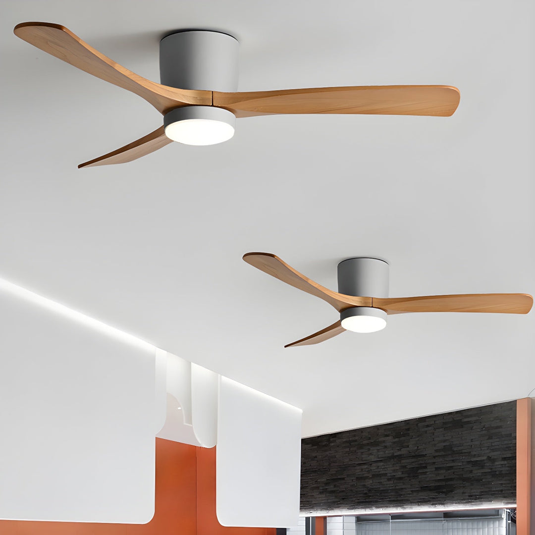 Contemporary ceiling fan & lamp. Wooden blades, LED light, remote, ideal for quiet relaxation.