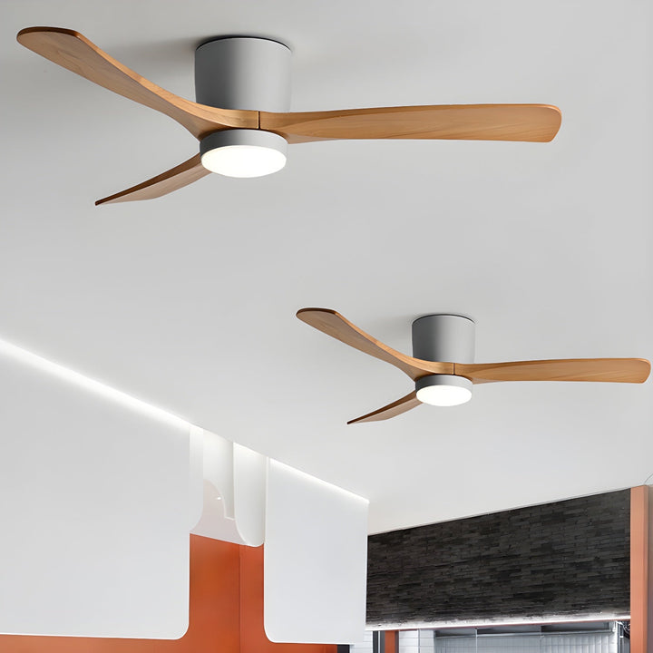 Contemporary ceiling fan & lamp. Wooden blades, LED light, remote, ideal for quiet relaxation.