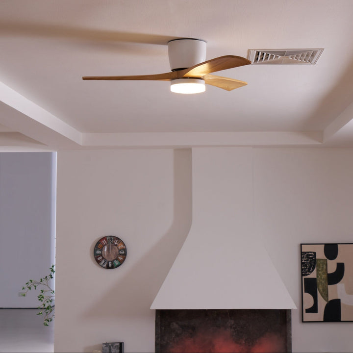 Remote control ceiling fan with LED light. Wooden sycamore blades, Nordic style, energy-saving.