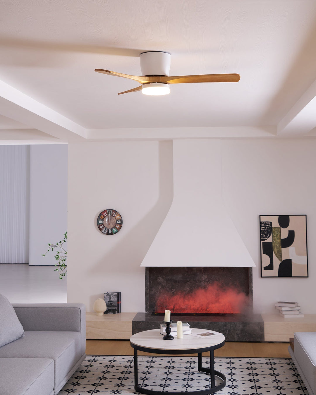 Eco-friendly wooden ceiling fan with LED light. Remote control, quiet, perfect for modern homes.