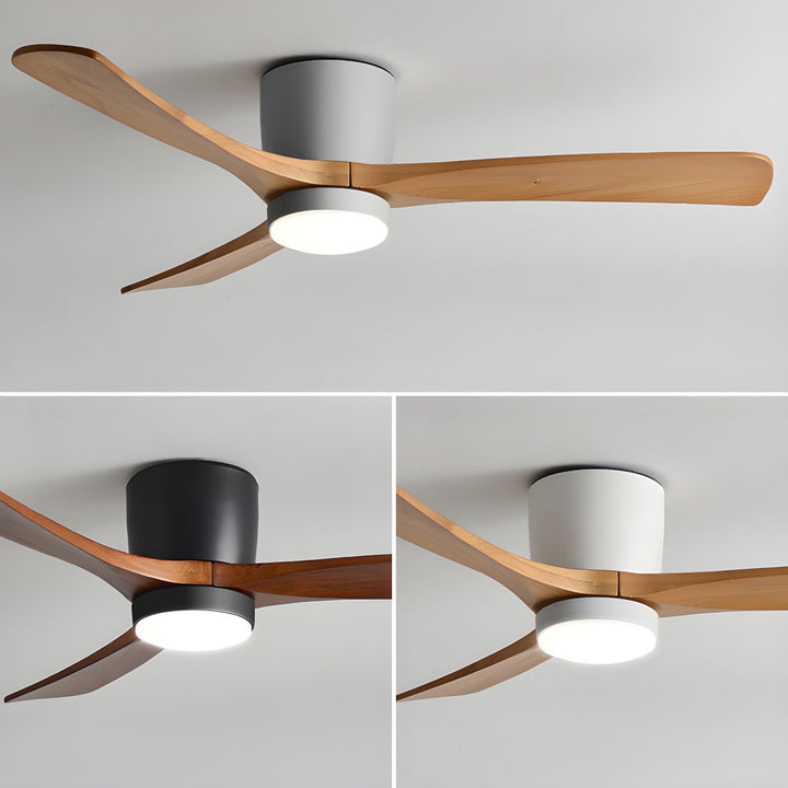 Modern Nordic ceiling fan, sycamore wood blades, integrated LED light & convenient remote control.