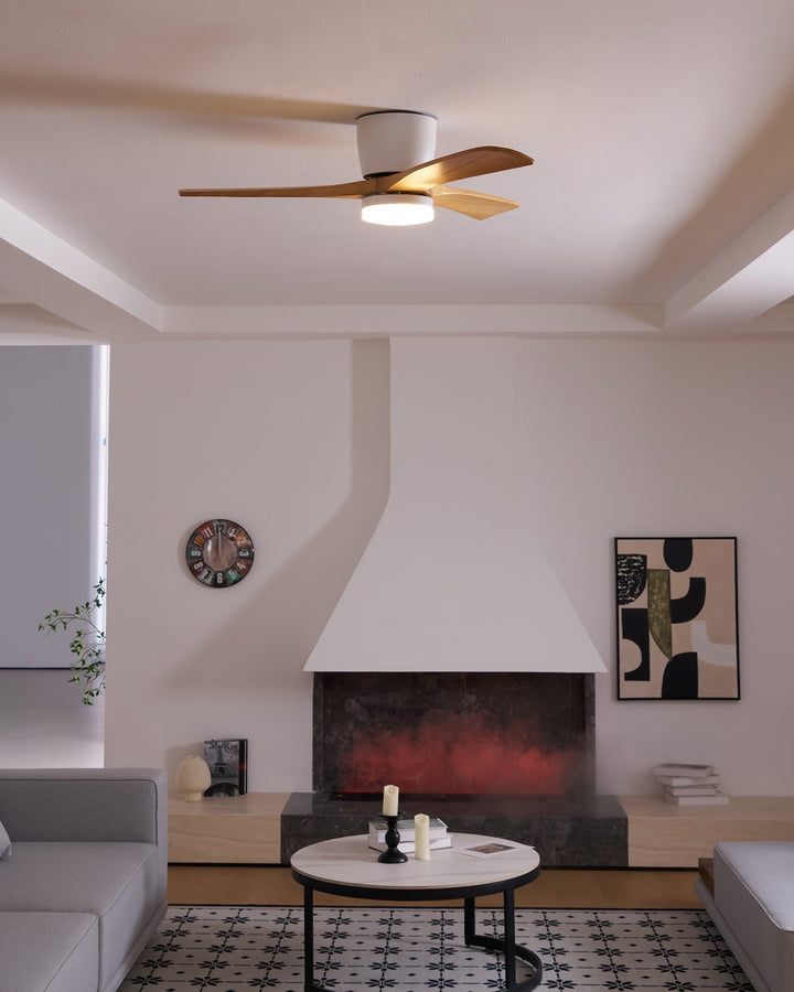 Elegant Nordic wooden fan with integrated LED. Remote control, sycamore blades, for ambient lighting.