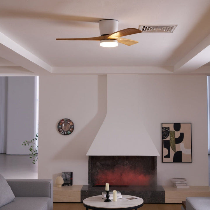 Functional & stylish: wooden ceiling fan with LED light. Remote, quiet operation, modern design.