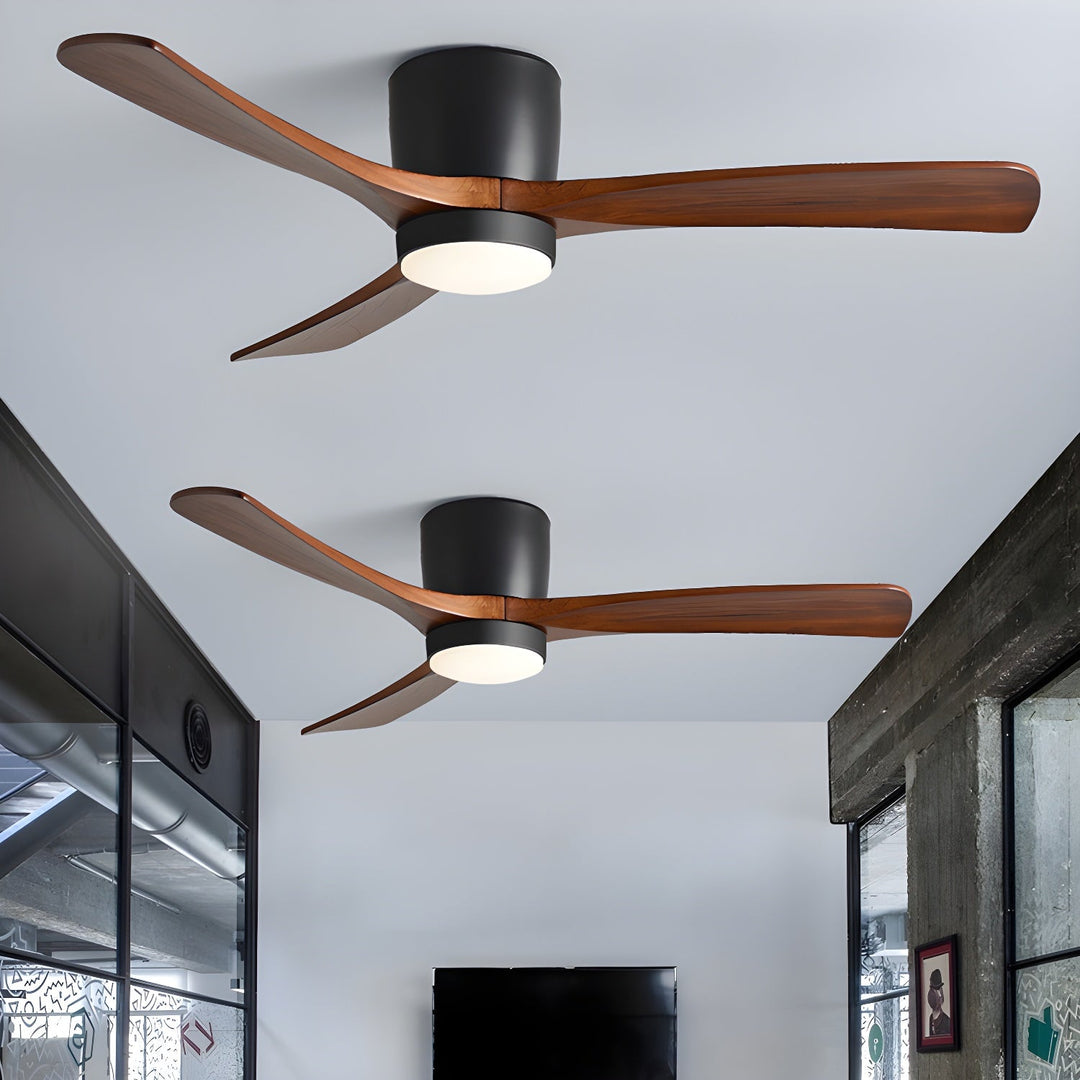 Ambient LED light with wooden ceiling fan. Remote control for easy adjustment, Nordic charm.