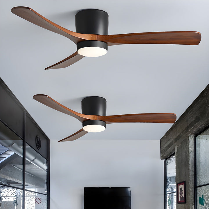 Ambient LED light with wooden ceiling fan. Remote control for easy adjustment, Nordic charm.