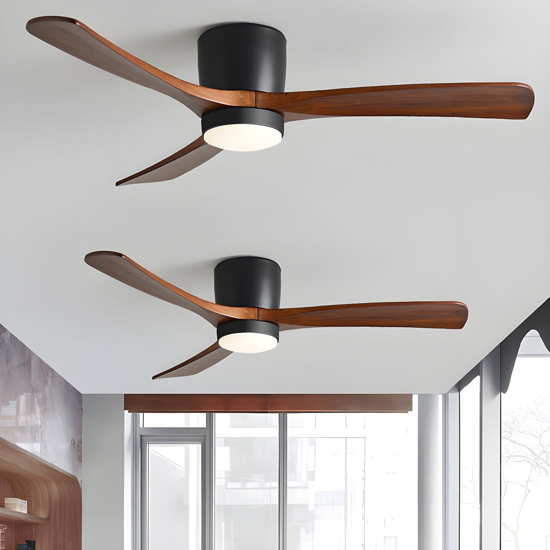 Dimmable LED ceiling fan with wooden blades. Remote control, Nordic design, for perfect ambiance.