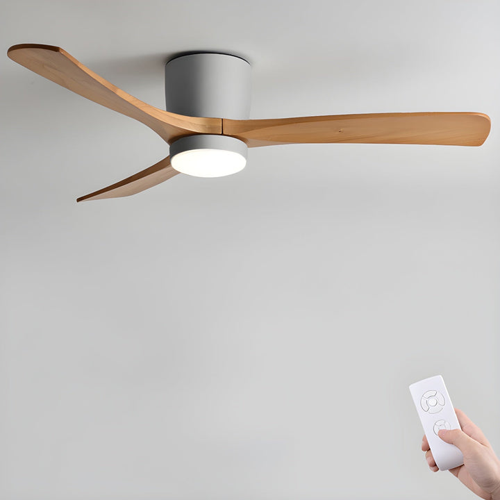 Sleek Nordic ceiling fan & lamp. Wooden sycamore blades, LED light, remote control for modern living.