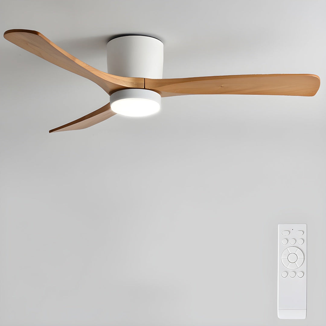 Contemporary wooden ceiling fan, LED light source. Quiet performance for stylish home spaces.