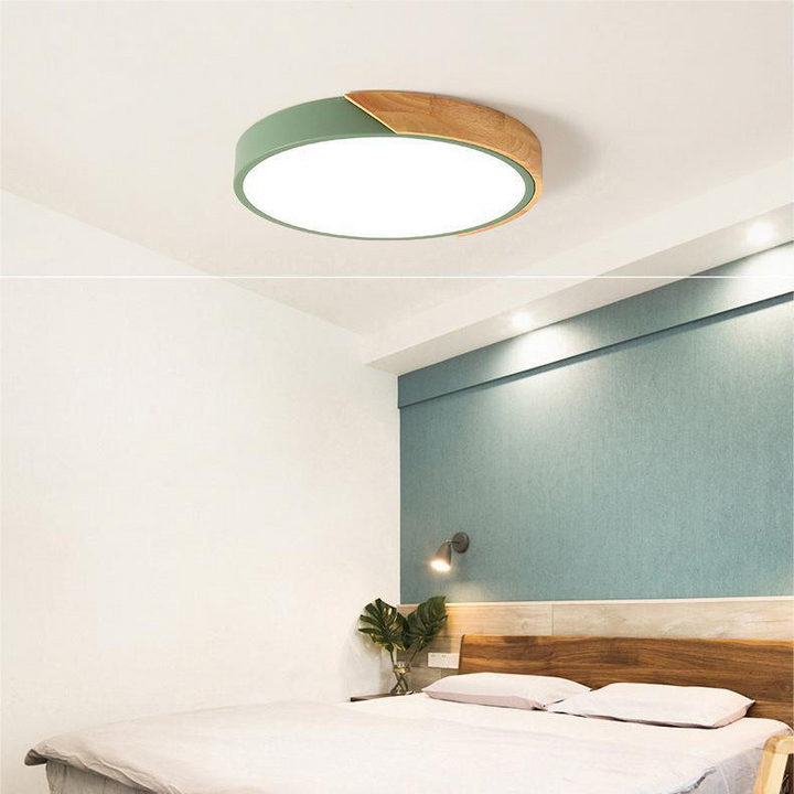 Elegant Nordic ceiling lamp with wooden accents, macaroon shape, ideal for contemporary study.