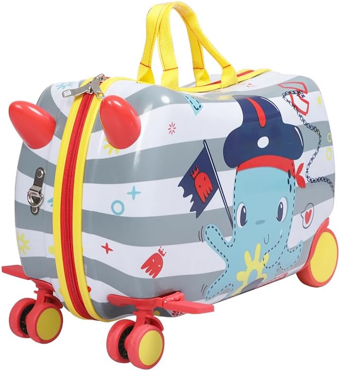 Octopus pattern children's 2-in-1 ride-on scooter suitcase for fun airport travel.