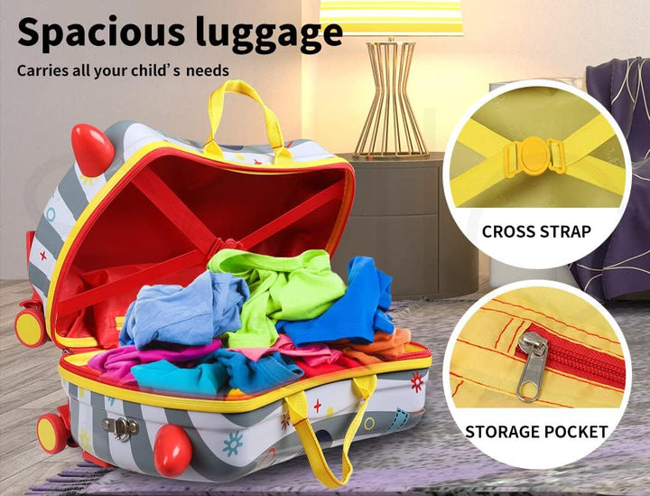 Kids' blue ride-on scooter suitcase with octopus design & 360° wheels for easy travel.