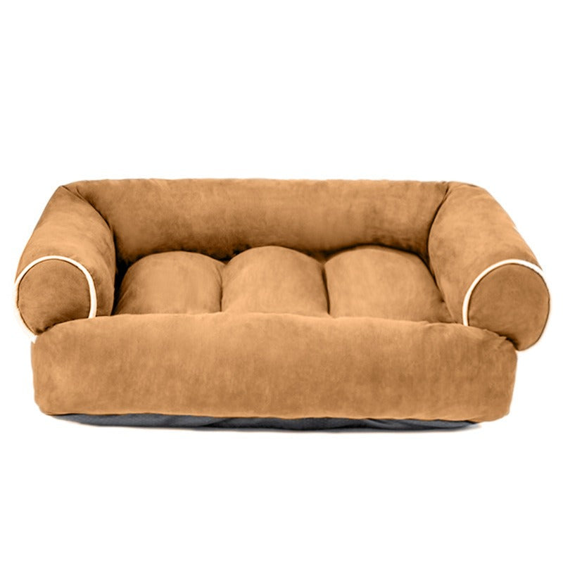 Orthopedic calming dog sofa bed in plush gray, providing joint support and comfort for pets.