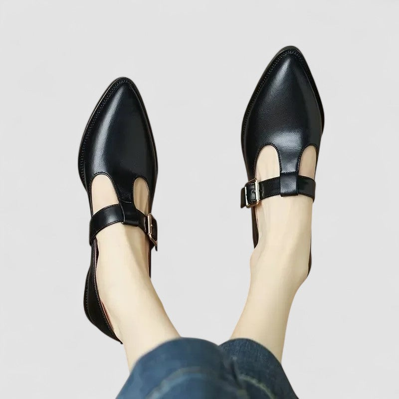Casual women's orthopedic flats, Mary Jane style with a buckle strap, pointed toe, and durable leather upper.