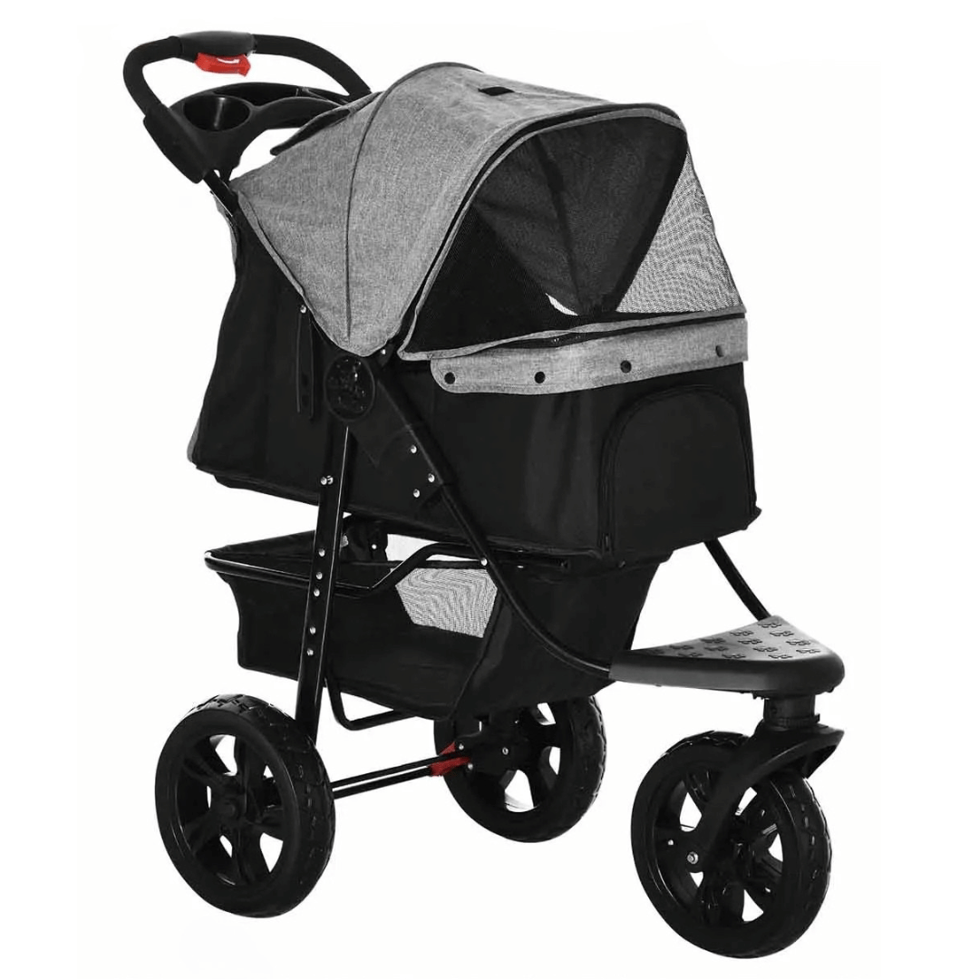 Outdoor adventure dog stroller with all-terrain wheels, perfect for hiking & travel. Features storage basket.