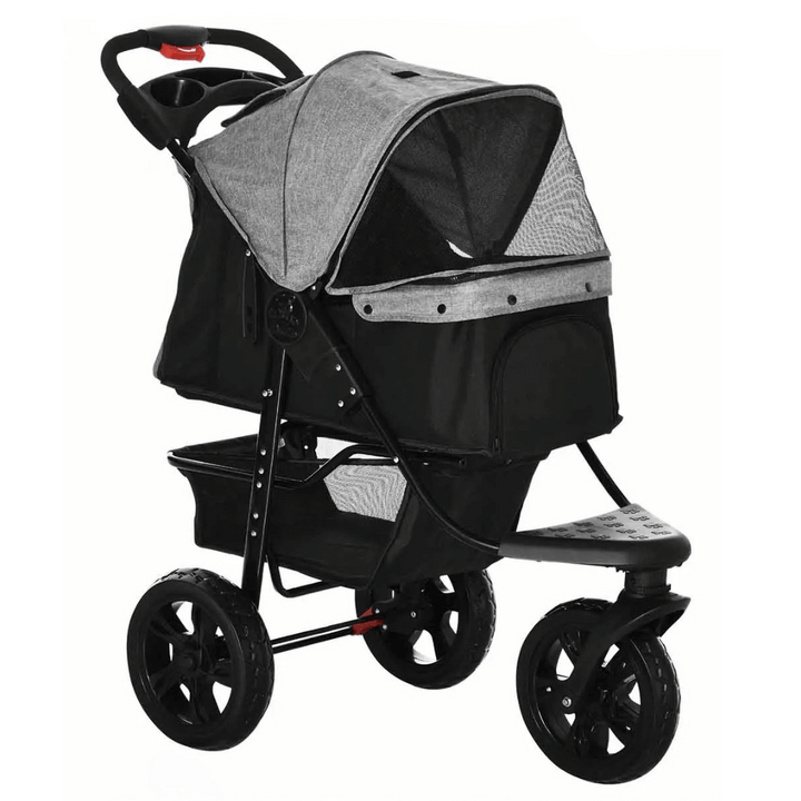 Outdoor adventure dog stroller with all-terrain wheels, perfect for hiking & travel. Features storage basket.