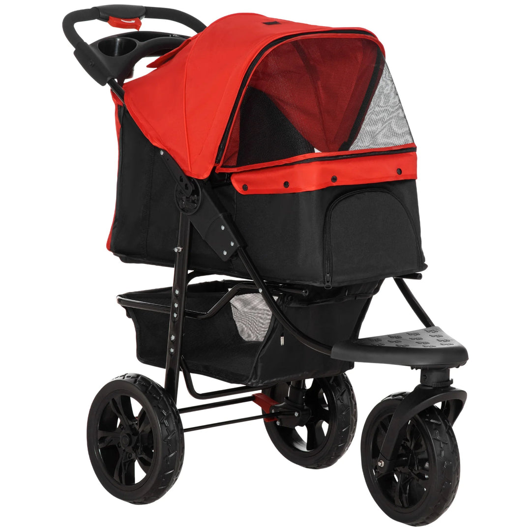 Portable folding pet stroller for small/medium dogs, includes protective canopy & ample under-basket storage.