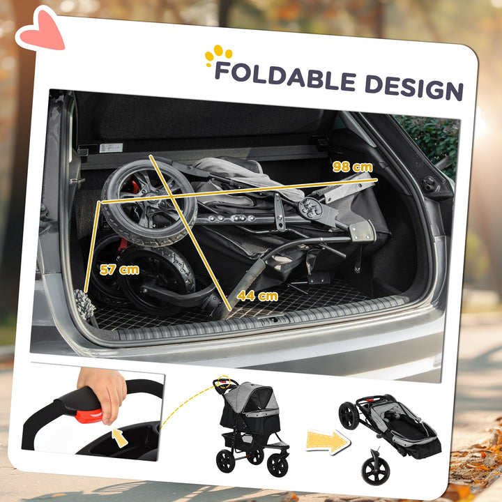 Compact folding dog stroller, perfect for pet travel, easy storage, and bringing your dog everywhere.