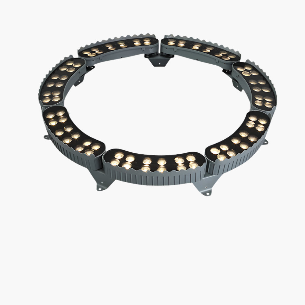 "Outdoor LED spotlights softly lighting tree bases with warm white glow, enhancing garden aesthetics with elegant aluminum de