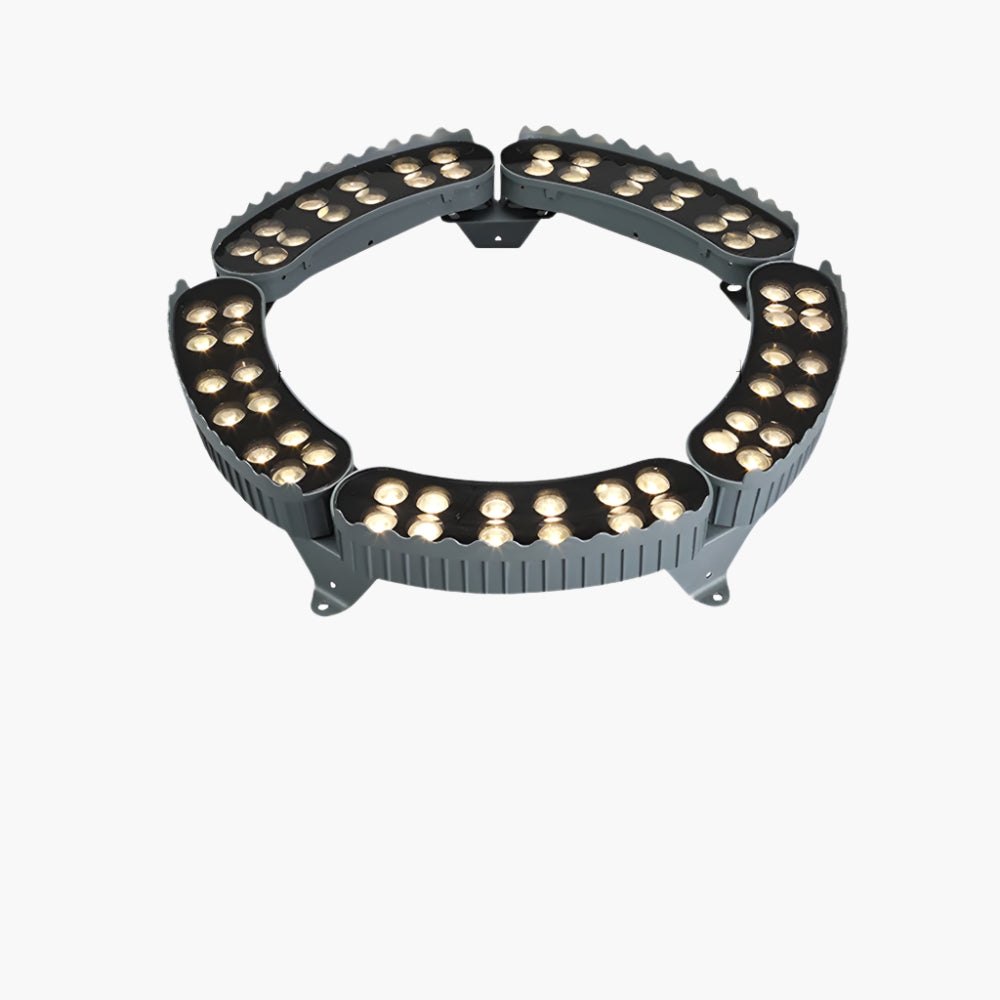 "Outdoor LED spotlights softly lighting tree bases with warm white glow, enhancing garden aesthetics with elegant aluminum de