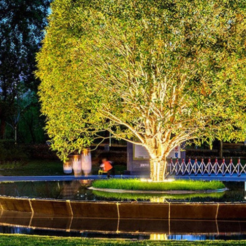 "Outdoor LED spotlights softly lighting tree bases with warm white glow, enhancing garden aesthetics with elegant aluminum de