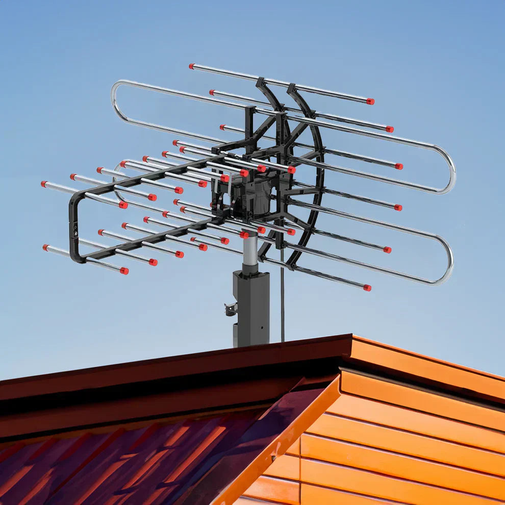 Outdoor long-range 500+ mile HD TV antenna with UHF/VHF for free digital channels and home entertainment.