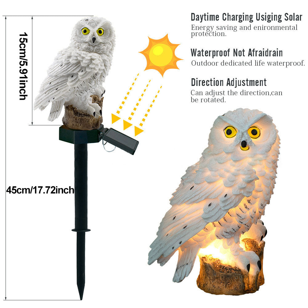 "Outdoor solar owl lamp set with LED lights, intricate details, eco-friendly lighting, ideal for gardens and patios."