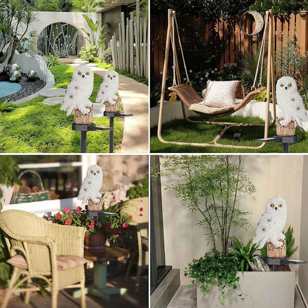 "Outdoor solar owl lamp set with LED lights, intricate details, eco-friendly lighting, ideal for gardens and patios."