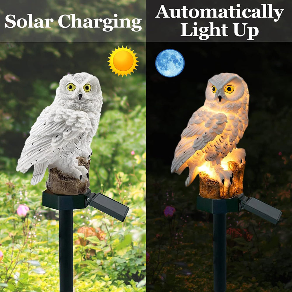 "Outdoor solar owl lamp set with LED lights, intricate details, eco-friendly lighting, ideal for gardens and patios."