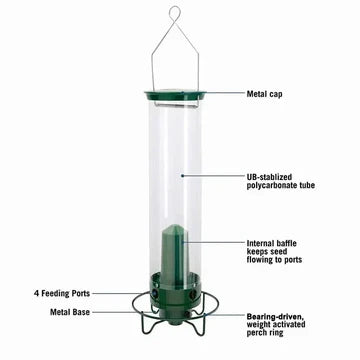 Robust outdoor bird feeder, effectively squirrel-proof with its innovative spinning perch for wild birds.