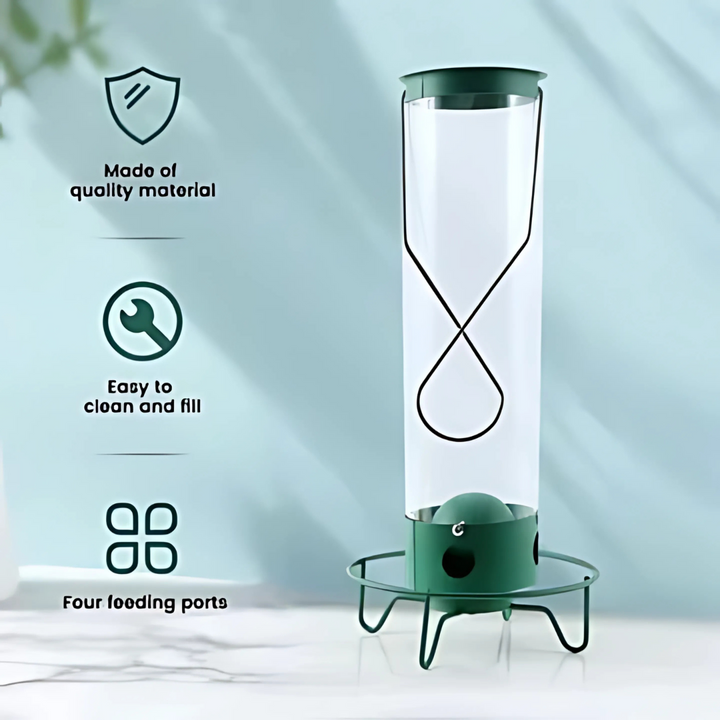 Hanging outdoor bird feeder, designed to be squirrel-proof with a spinning perch, providing food for wild birds.