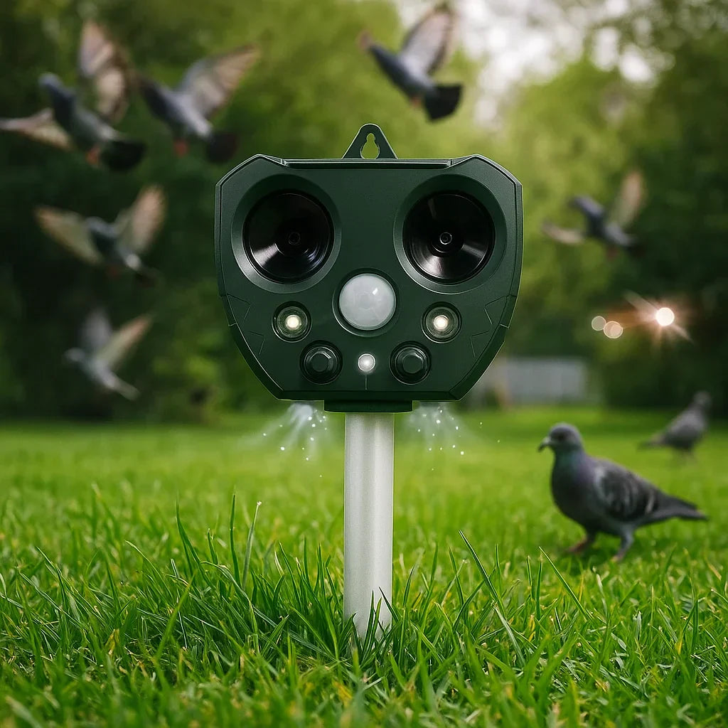 Outdoor ultrasonic bird & pest repeller for garden protection. Solar powered, motion activated animal deterrent.