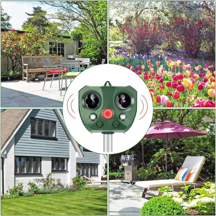 Motion activated outdoor ultrasonic repeller deters birds, deer, & pests. Essential for garden & yard safety.