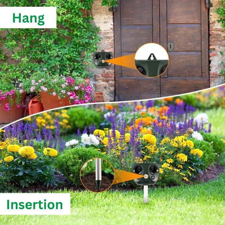 Efficient ultrasonic bird deterrent for gardens. Keeps birds away using motion activated pest control.