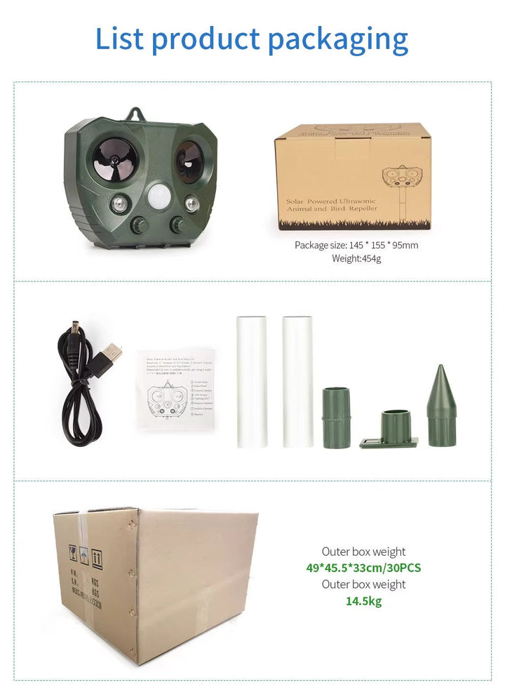 Compact, easy-to-install ultrasonic bird & pest repeller providing discreet garden protection.