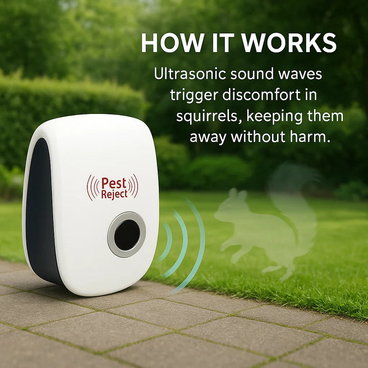Easy-to-install outdoor ultrasonic squirrel repeller for quick and effective garden protection.