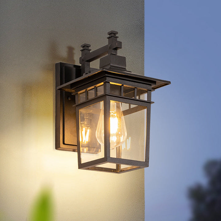 Outdoor waterproof wall lantern light fixture, modern rustic black copper aluminum for home exterior.
