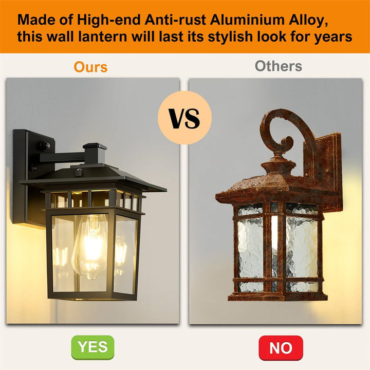 Stylish black copper waterproof wall lantern, modern rustic outdoor lighting for home exterior decor.