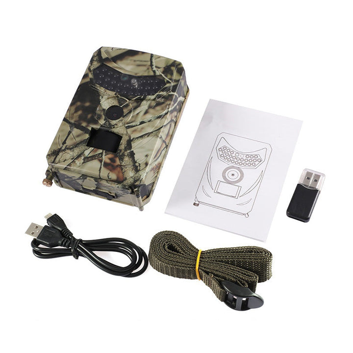 Compact HD trail camera with waterproof design, motion sensor, and invisible night vision for outdoor use.