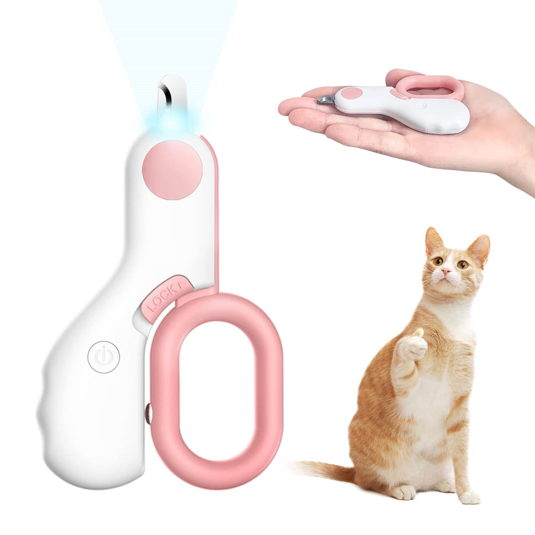 Safe pet cat nail trimmer with LED light & adjustable guard for stress-free claw clipping.