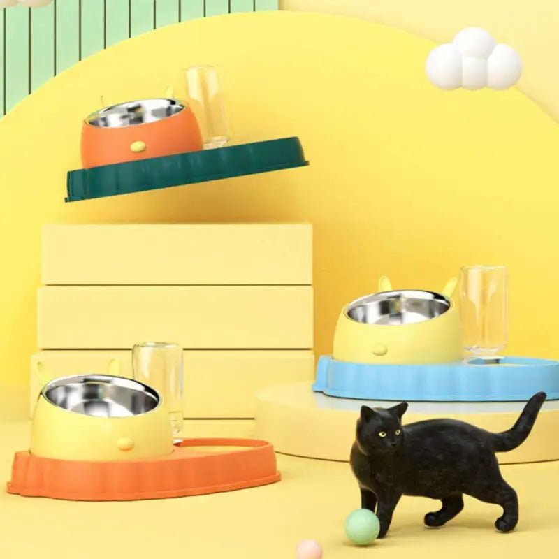Pet feeding station with automatic water dispenser bowl for dogs & cats. Keeps food & water fresh.