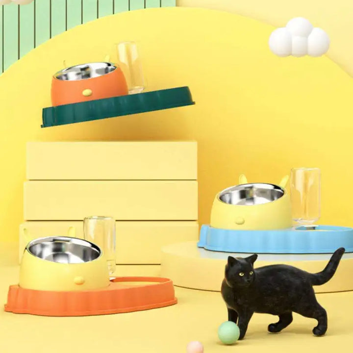 Pet feeding station with automatic water dispenser bowl for dogs & cats. Keeps food & water fresh.
