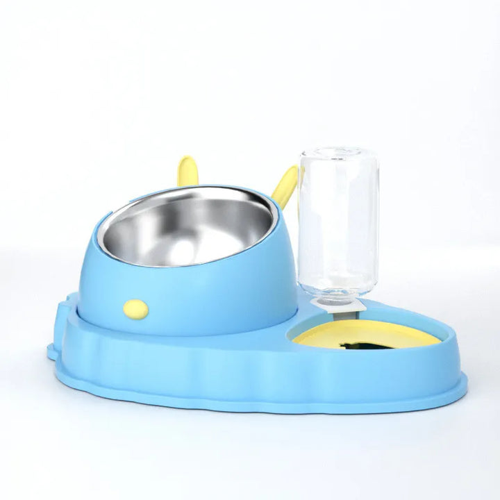 Automatic pet water dispenser integrated into a feeding station for continuous fresh water supply.