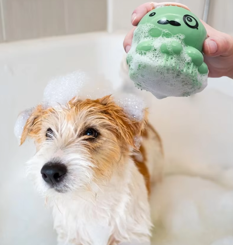 Pet grooming & bath brush with shampoo dispenser for dogs & cats. Gentle massage, easy clean.