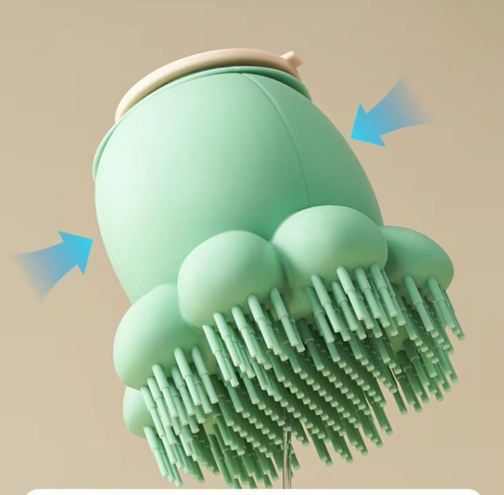 Versatile pet brush for dog grooming, cat baths & massage. Built-in shampoo dispenser for efficient cleaning.