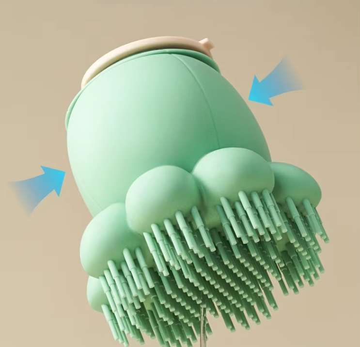Ergonomic pet bath brush with soft silicone bristles & shampoo dispenser. Ideal for dog and cat grooming.